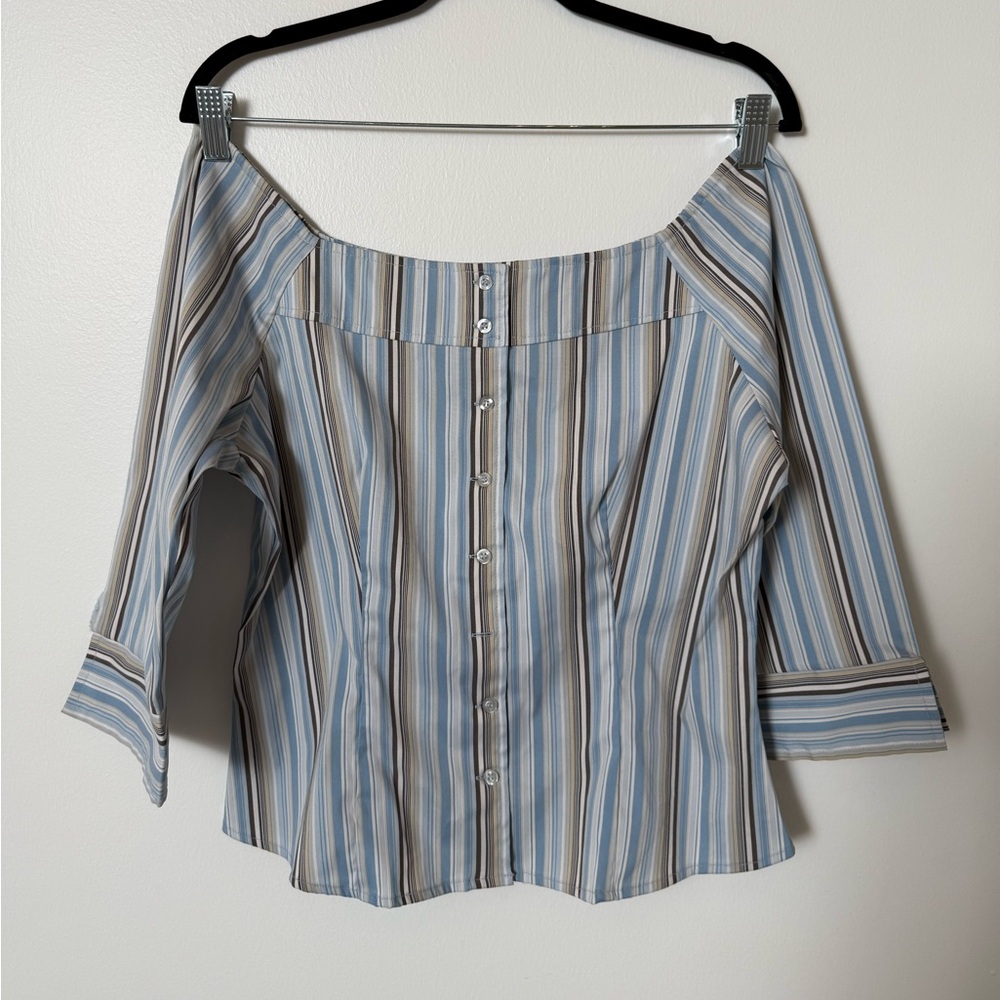 Express Blue and White Off-the-Shoulder 3/4 Sleeve Blouse